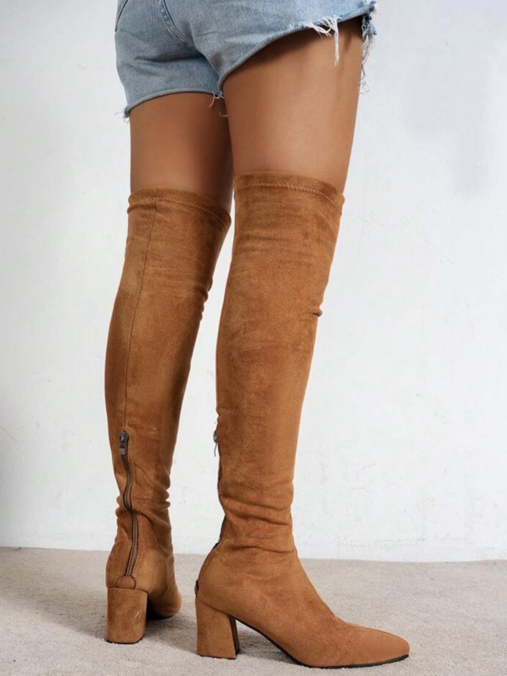 Tan Over-The-Knee Suede Boots – Chunky Heel Thigh High Boots - 9.5 - Picture 5 of 6
